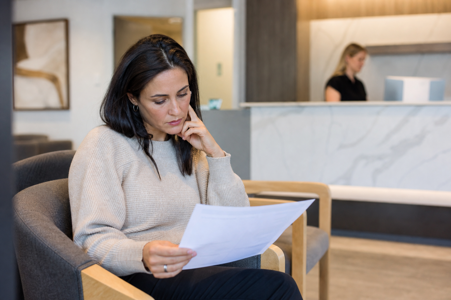 Patient Reviewing Treatment Plan in Modern Dental Waiting Room-1